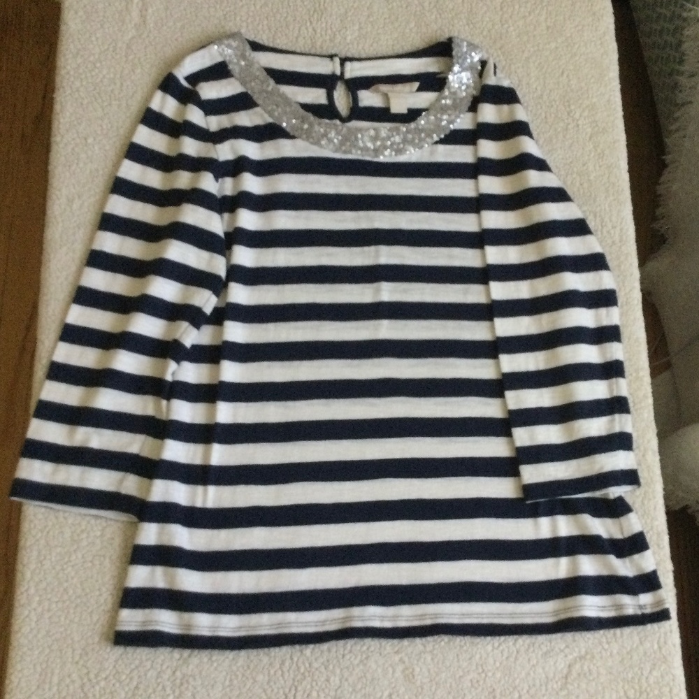 Banana Republic Sequin Collar Striped Tee Navy Blue White - Size Medium - Picture 4 of 13